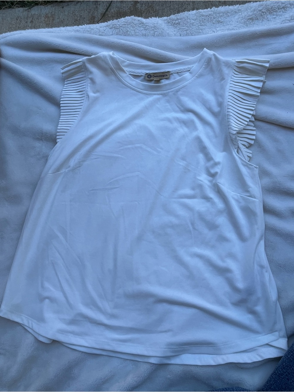 Democracy White Sleeveless Tank with Pleated Ruffle Shoulders